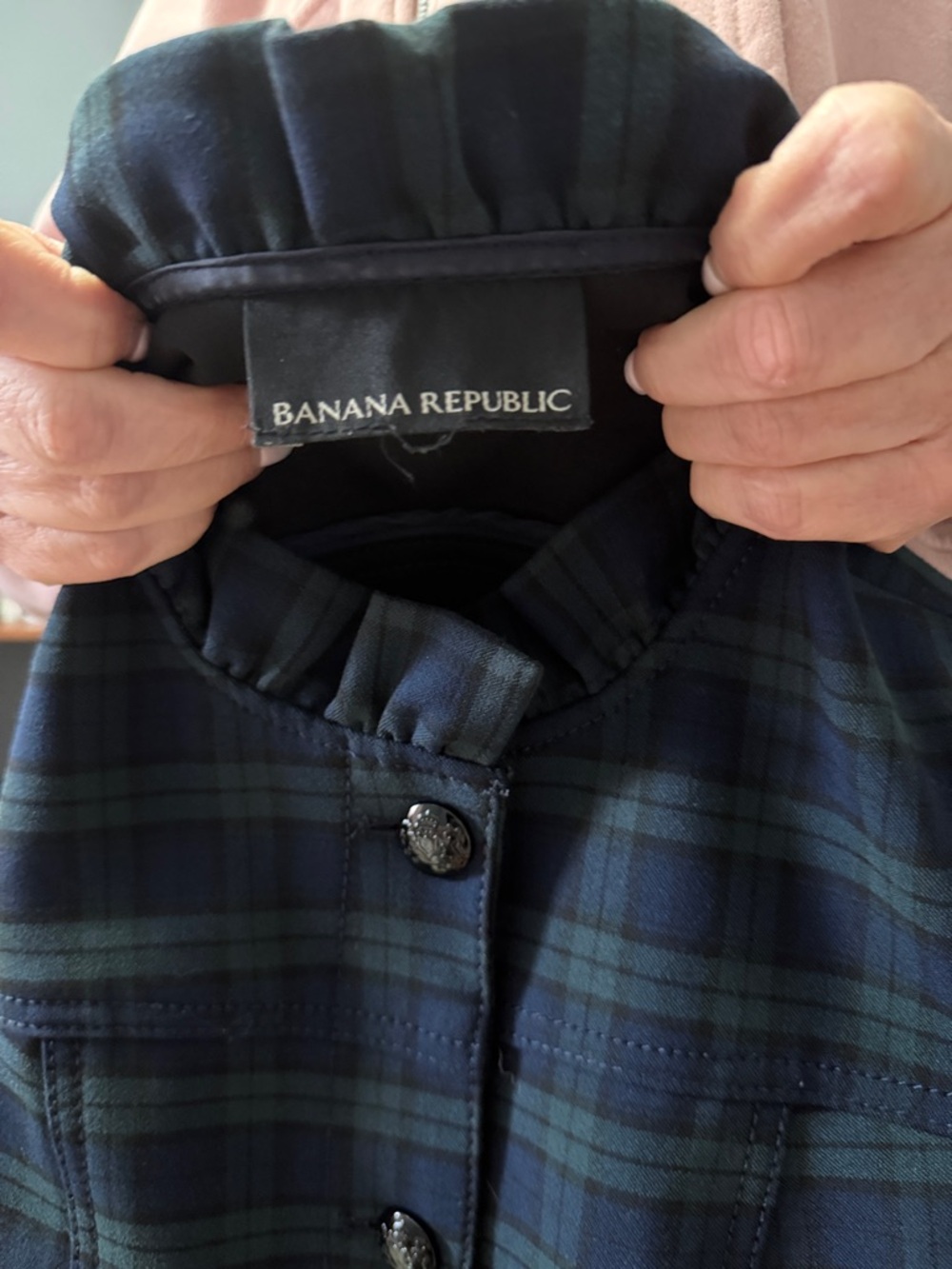 Banana Republic Dark Green & Navy Plaid Ruffle-Hem Blazer - Picture 2 of 3